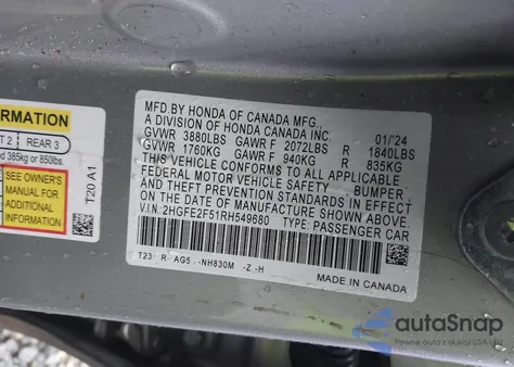 2024 Honda Civic Sport из США, поврежденный, VIN 2HGFE2F51RH549680